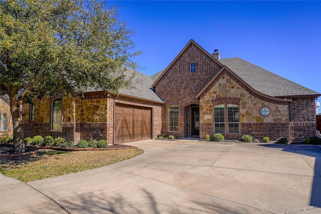 view of front of property featuring brick siding, concrete driveway, a chimney, stone siding, and an attached garage