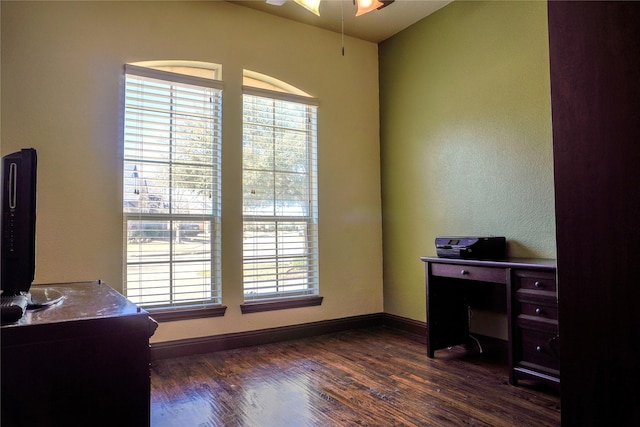 home office featuring dark wood-type flooring and baseboards