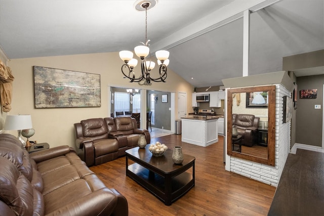 living room featuring lofted ceiling with beams, dark wood-style floors, baseboards, and a chandelier