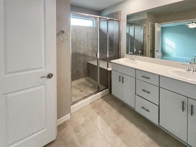 bathroom featuring a shower stall, double vanity, and a sink