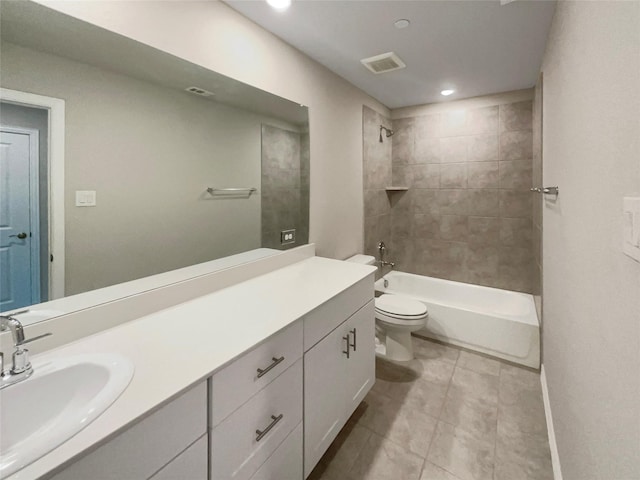 full bathroom with visible vents, toilet, shower / washtub combination, and vanity