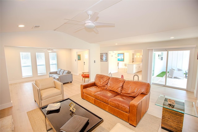 living area with ceiling fan, baseboards, lofted ceiling, recessed lighting, and light wood-style floors