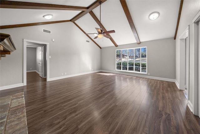 unfurnished living room featuring visible vents, beam ceiling, dark wood finished floors, baseboards, and ceiling fan