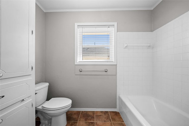 full bathroom with tile patterned flooring, toilet, baseboards, and ornamental molding