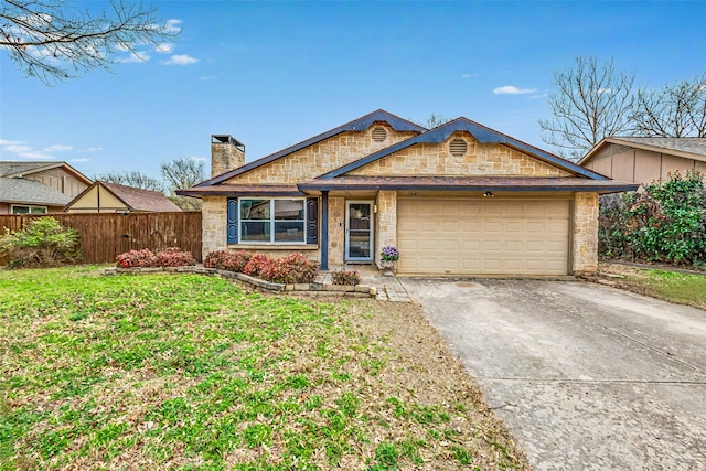 single story home with fence, concrete driveway, a front yard, a garage, and a chimney