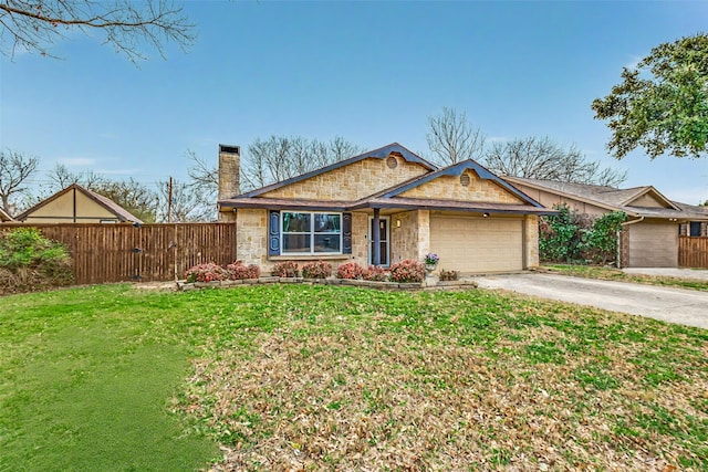 single story home with a front lawn, fence, a chimney, driveway, and an attached garage