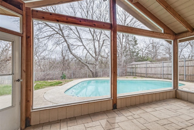 view of swimming pool featuring a patio, a fenced backyard, and a fenced in pool