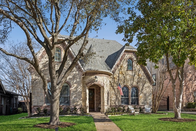 view of front of house featuring a front lawn, brick siding, stone siding, and a shingled roof