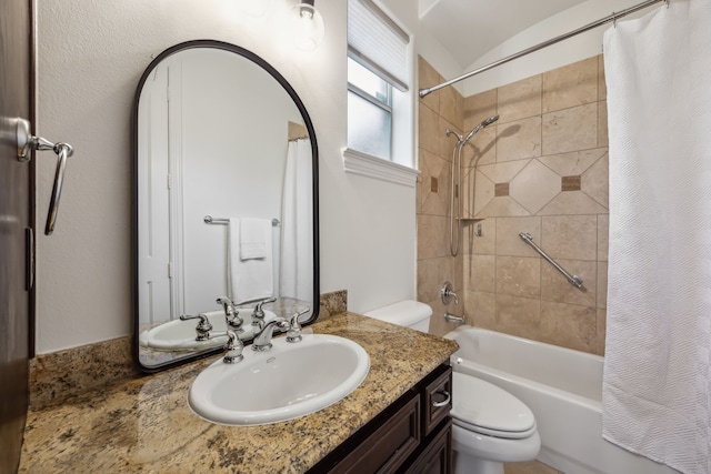 full bath featuring vanity, toilet, and shower / tub combo with curtain