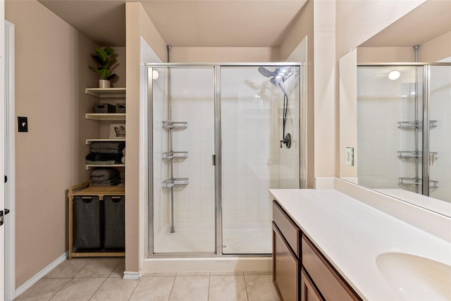 bathroom with tile patterned floors, vanity, and a shower stall