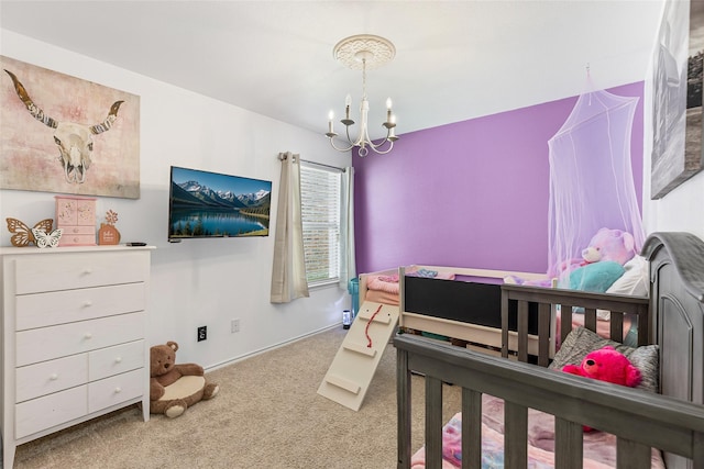 carpeted bedroom with an inviting chandelier