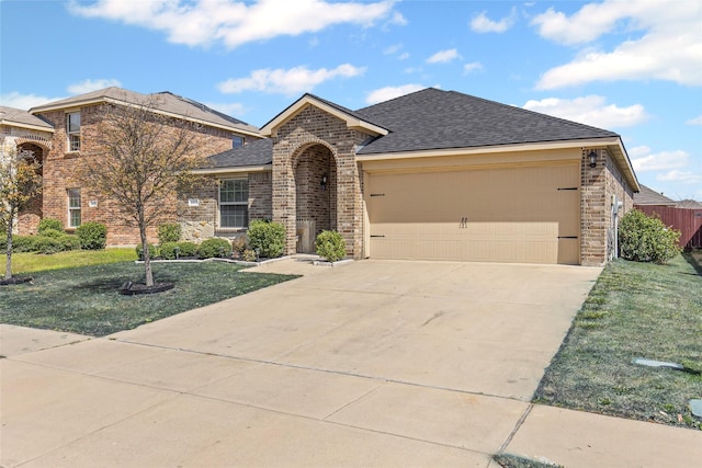 view of front of house featuring driveway, a front lawn, roof with shingles, a garage, and brick siding