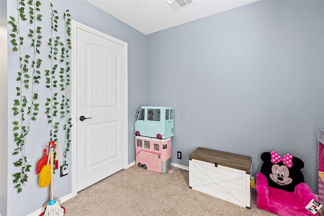 game room featuring baseboards, visible vents, and carpet floors