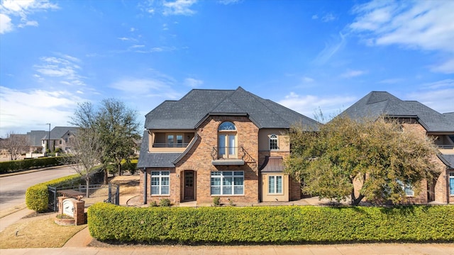 view of front facade with brick siding, a shingled roof, and fence