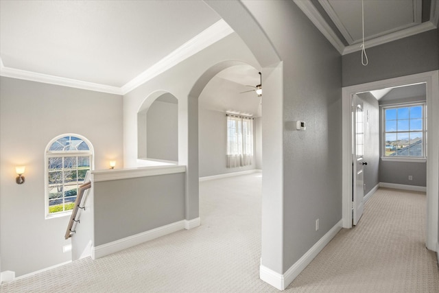 corridor with baseboards, attic access, crown molding, and carpet