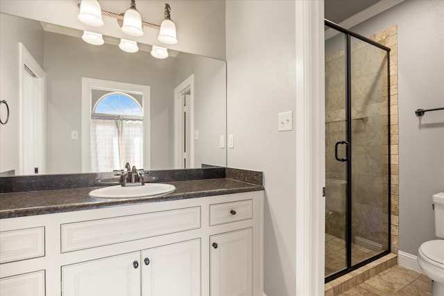 full bathroom featuring vanity, toilet, and a shower stall