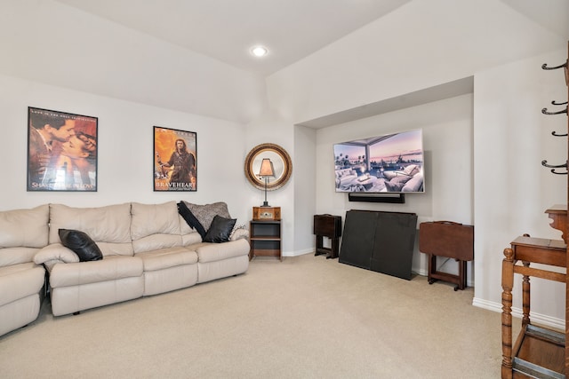 carpeted living room featuring recessed lighting and baseboards