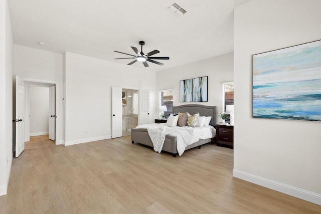 bedroom featuring a ceiling fan, light wood-style floors, visible vents, and baseboards