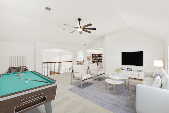 recreation room with visible vents, carpet floors, ceiling fan, pool table, and vaulted ceiling