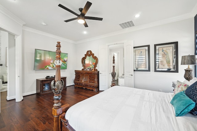 bedroom featuring visible vents, crown molding, baseboards, recessed lighting, and wood finished floors