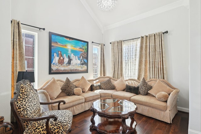 living area with hardwood / wood-style flooring, a notable chandelier, baseboards, and high vaulted ceiling