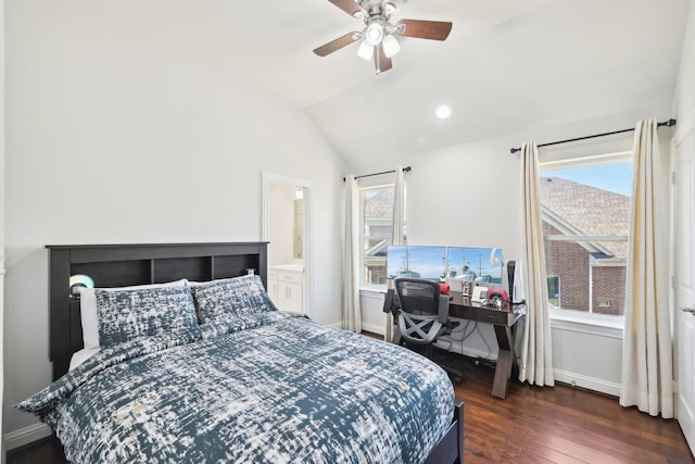 bedroom with lofted ceiling, wood finished floors, baseboards, and ceiling fan