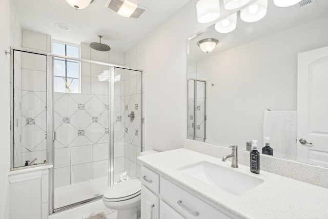 full bath featuring visible vents, toilet, and a stall shower