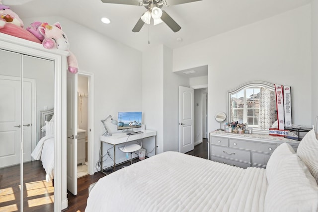 bedroom featuring a closet, recessed lighting, dark wood-type flooring, and a ceiling fan