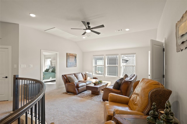 living area featuring visible vents, carpet floors, recessed lighting, ceiling fan, and vaulted ceiling