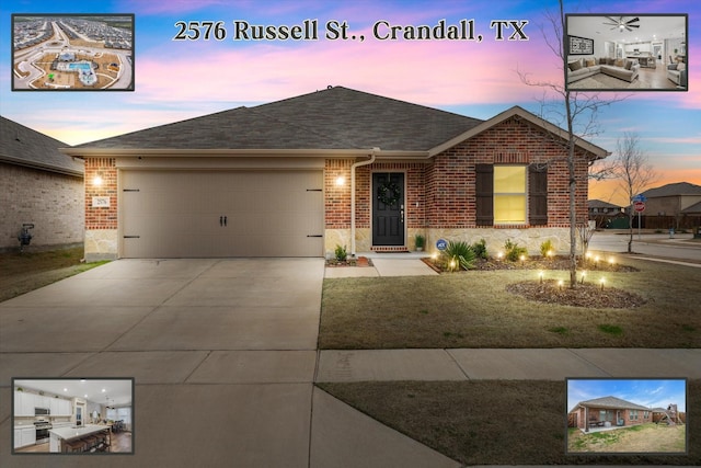 view of front facade featuring brick siding, driveway, a garage, and roof with shingles