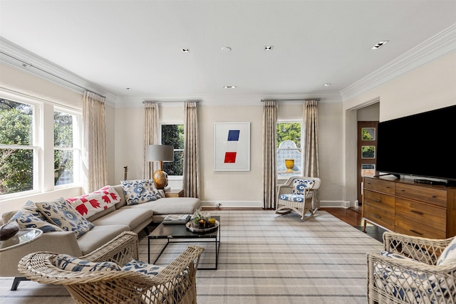 living room featuring baseboards and crown molding