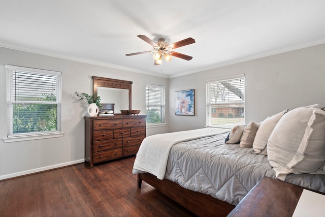 bedroom featuring ceiling fan, baseboards, dark wood-type flooring, and ornamental molding