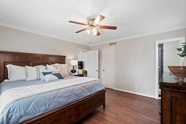 bedroom featuring a ceiling fan, dark wood-style floors, visible vents, baseboards, and crown molding