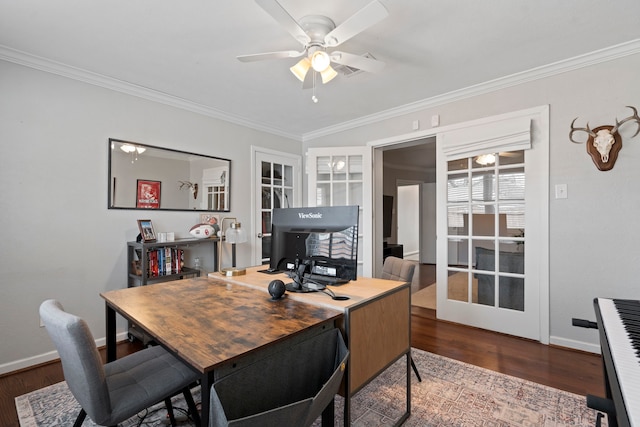 office area featuring wood finished floors, baseboards, ceiling fan, ornamental molding, and french doors