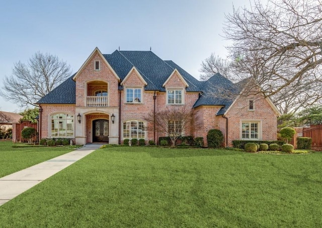 view of front of house with brick siding, a front lawn, fence, roof with shingles, and french doors