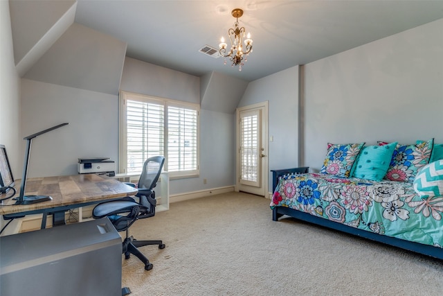 bedroom with baseboards, visible vents, an inviting chandelier, lofted ceiling, and carpet flooring