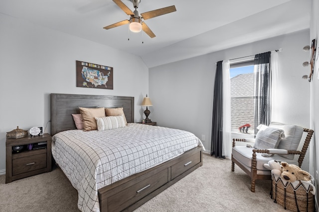 bedroom with light carpet, ceiling fan, and lofted ceiling