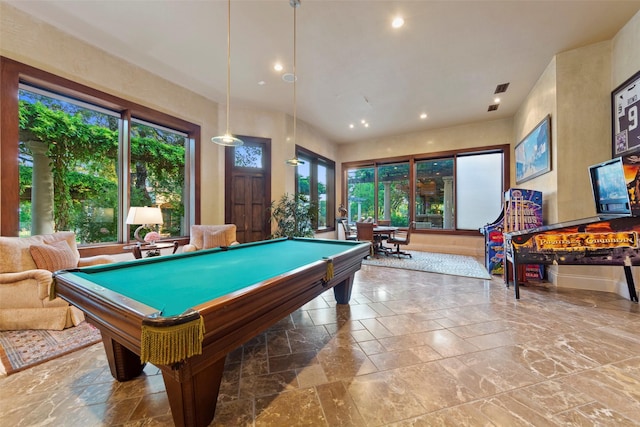 game room with recessed lighting, visible vents, stone tile floors, and pool table