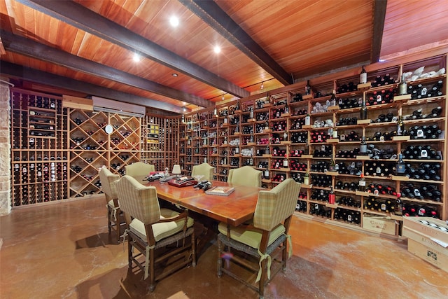 wine room featuring beamed ceiling and wooden ceiling