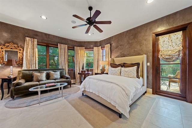 bedroom with recessed lighting and ceiling fan