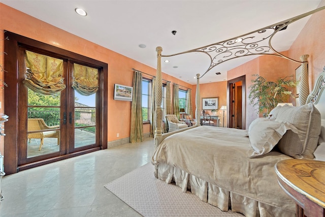 tiled bedroom with access to exterior, recessed lighting, french doors, and baseboards