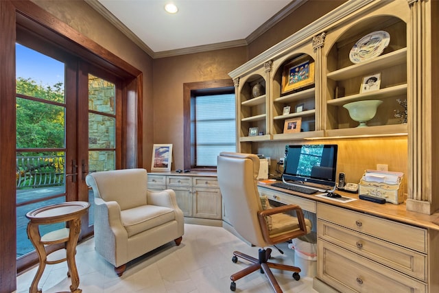 home office with french doors, built in desk, and crown molding