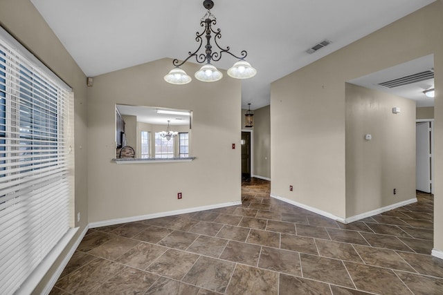 unfurnished dining area featuring a chandelier, visible vents, baseboards, and vaulted ceiling