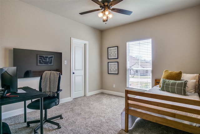 bedroom featuring carpet flooring, a ceiling fan, and baseboards