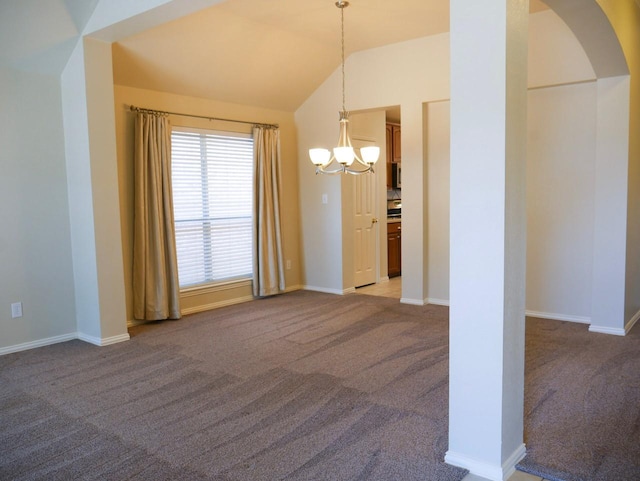 unfurnished dining area featuring baseboards, carpet floors, an inviting chandelier, lofted ceiling, and arched walkways