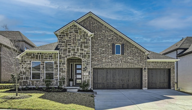 french country home featuring brick siding, stone siding, an attached garage, and concrete driveway