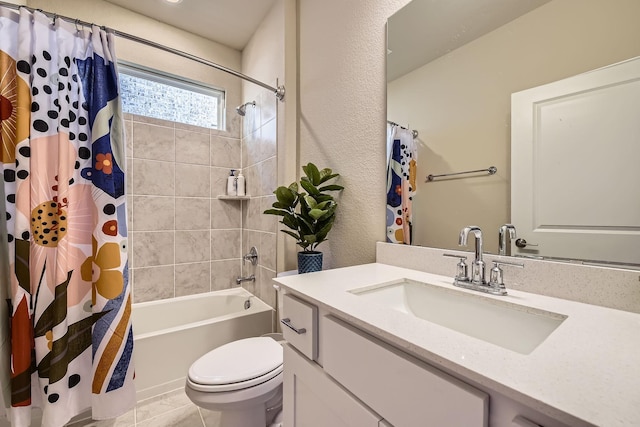 full bath featuring tile patterned floors, shower / tub combo, toilet, and vanity