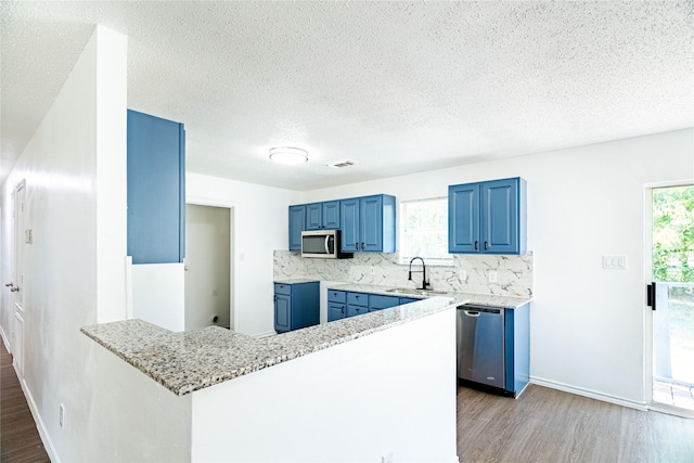 kitchen featuring a sink, blue cabinets, appliances with stainless steel finishes, and wood finished floors