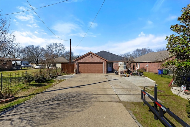 ranch-style house featuring concrete driveway, a garage, fence, and brick siding