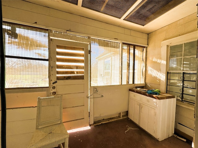 interior space with wooden walls and concrete flooring